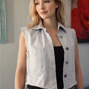 Zara Light Blue Pinstripe Sleeveless Denim Vest m